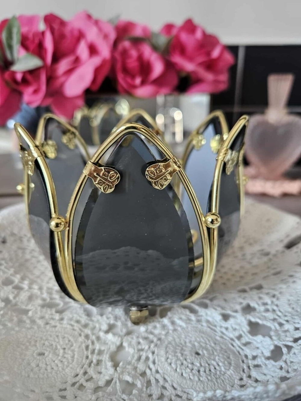 Vintage Retro Flower Tulip Waterlily Lotus Black Glass Brass Partylite Tealight